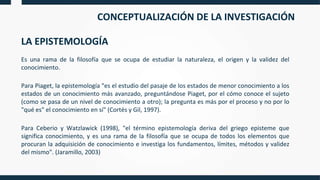 CONCEPTUALIZACIÓN DE LA INVESTIGACIÓN
LA EPISTEMOLOGÍA
Es una rama de la filosofía que se ocupa de estudiar la naturaleza, el origen y la validez del
conocimiento.
Para Piaget, la epistemología "es el estudio del pasaje de los estados de menor conocimiento a los
estados de un conocimiento más avanzado, preguntándose Piaget, por el cómo conoce el sujeto
(como se pasa de un nivel de conocimiento a otro); la pregunta es más por el proceso y no por lo
"qué es" el conocimiento en sí" (Cortés y Gil, 1997).
Para Ceberio y Watzlawick (1998), "el término epistemología deriva del griego episteme que
significa conocimiento, y es una rama de la filosofía que se ocupa de todos los elementos que
procuran la adquisición de conocimiento e investiga los fundamentos, límites, métodos y validez
del mismo". (Jaramillo, 2003)
 