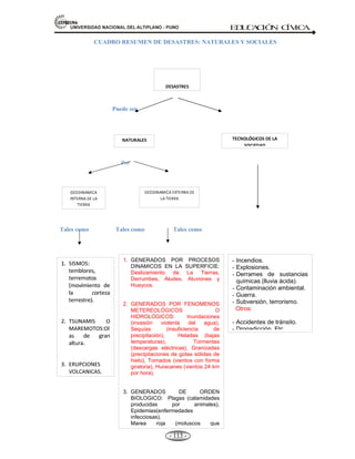 81,9(56,'$'1$,21$/'(/$/7,3/$123812 ED
U
C
A
C
IÓ
N C
ÍV
IC
A
- 104 -
(1928), Lima (1940), Ica-Nazca (1942-1999), Quiches, Ancash (1946), Satipo (1947), Cuzco
(1950), Tumbes (1953), Arequipa (1958-1960-1999), Lima (1966), Chimbote y Huaraz-Callejón de
Huaylas (1970), Lima (1974), Moquegua (2001).
B).- TORMENTAS ELÉCTRICAS. Concepto.- Son descargas eléctricas en forma de chispa eléctrica
que llega a tierra. Recibe el nombre de rayo, mientras que, la chispa que va de una nube a otra, se llama
relámpago, aunque normalmente los dos son usados como sinónimos del mismo fenómeno. La aparición
del rayo es sólo momentánea, seguida a los pocos momentos por un trueno.
 