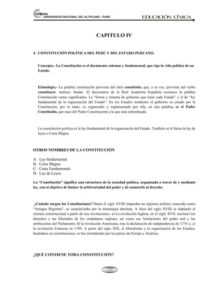 81,9(56,'$'1$,21$/'(/$/7,3/$123812 ED
U
C
A
C
IÓ
N C
ÍV
IC
A
- 116 -
3.4 DEFENSA CIVIL FRENTE A LOS DESASTRES: ORGANIZACIÓN, FINES, FUNCIONES,
NORMAS VIGENTES Y MEDIDAS DE SEGURIDAD.
Definición.- Defensa Civil es el conjunto de acciones basadas en normas, principios destinadas a
salvaguardar la vida, el patrimonio y el medio ambiente, antes, durante y después de un desastre
natural o tecnológico. Su finalidad es velar por la seguridad ciudadana en caso de desastre.
Al amparo de este concepto, Defensa Civil actúa bajo estos lemas:
• “Defensa Civil es participación”.
• “Todos Somos Defensa Civil”.
PRINCIPIOS DEL SINADECI.
La defensa Civil en nuestra Patria se sustenta en un conjunto de normas básicas, entre las que destacan:
• Protección humanitaria.
• Autoayuda.
• Supeditación del interés colectivo.
• Convergencia de esfuerzos y la seguridad.
• Acción permanente.
ORGANIZACIÓN DE DEFENSA CIVIL.
El Decreto Legislativo Nº 442-87, que modifica doce artículos del Decreto Ley Nº 19338, establece la
siguiente organización:
• El Instituto Nacional de Defensa Civil (INDECI) como organismo conductor.
• Direcciones Regionales de Defensa Civil.
• Los Comités de Defensa Civil Regional, Provincial y Distrital.
• Oficinas de Defensa Civil.
1.- Instituto Nacional de Defensa Civil (INDECI).
El organismo central, rector, normativo y conductor del Sistema Nacional de Defensa Civil es el
Instituto Nacional de Defensa Civil (Indeci), se encarga de la organización de la población, coordinación,
planeamiento y control de las actividades de Defensa Civil. Cuenta con organización de direcciones
Regionales de Defensa Civil en el País (Gobierno Regional, Municipio y participación vecinal).
Es el organismo Central del Sistema:
 Encargado de: Dirección, asesoramiento, planeamiento, coordinación y control de las
 