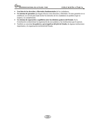 81,9(56,'$'1$,21$/'(/$/7,3/$123812 ED
U
C
A
C
IÓ
N C
ÍV
IC
A
- 117 -
actividades de defensa civil.
 Es un organismo público descentralizado del Sector de Defensa.
 Esta a cargo de un Jefe que será Oficial General o Almirante, designado por el Presidente
de la República a propuesta del Ministro de Defensa.
2.- Los Comités Regionales.- Son los organismos del Sistema que ejecutan acciones a nivel
regional.
3.- Las Oficinas Sectoriales e Institucionales.- Son las encargadas de asesorar a sus respectivos
órganos de Dirección en la formulación y ejecución de los planes de defensa del Sector e Institución
respectiva.
4.- Las Oficinas de los Gobiernos Locales.- Serán establecidas de acuerdo con las Directivas
Técnicas del INDECI. Se organizan a través de los delegados y sub-delegados. Coordinan con los
Alcaldes, delegados de Centros Poblados y demás autoridades.
FINES O FINALIDAD:
- Prevenir daños, evitándolos o disminuyendo su magnitud.
- Proporcionar ayuda y organizar a la población para superar el desastre.
- Asegurar la rehabilitación de la población afectada.
- Sensibilizar a la población en el rol de la defensa civil y su participación en ella.
- Disminuir daños personales y físicos.
- Es proteger a la población.
- Programar la ayuda oportuna, adecuada y asegurar su rehabilitación en caso de desastres o
calamidades.
FUNCIONES.- Son las siguientes:
A. Formular los objetivos y políticas de Defensa Civil así como las provisiones y acciones que
garanticen la seguridad de la población y proponerlos para su aprobación.
B. Orientar, coordinar y supervisar el planeamiento de la defensa.
C. Formular y emitir normas técnicas de defensa civil.
D. Dirigir y conducir las actividades de defensa civil, en las fases de prevención, emergencia y
rehabilitación.
E. Participar en la Formulación de Difusión de la Doctrina de Seguridad y Defensa Nacional en lo
concerniente a la Defensa Civil.
F. Asesorar el Ministro de Defensa y por su intermedio al Consejo de Ministros en materia de
defensa civil.
G. Orientar las acciones de defensa civil que realizan organismos y entidades públicas y no
públicas.
H. Supervisar las acciones que ejecuten los organismos y entidades, cualquiera que sea su
naturaleza, que reciban fondos públicos para fines de defensa civil.
I. Realizar directamente o por convenio, estudios o investigaciones aplicadas sobre la
problemática de defensa civil.
NORMAS VIGENTES Y MEDIDAS DE SEGURIDAD
 