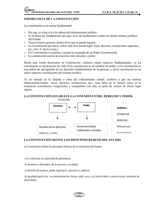 81,9(56,'$'1$,21$/'(/$/7,3/$123812 ED
U
C
A
C
IÓ
N C
ÍV
IC
A
- 118 -
El Sistema de Defensa Civil es el conjunto de organismos del ámbito Nacional que han sido creados para
protegerá la población en casos de desastre. Esta norma consta de 14 artículos y 5 Disposiciones
Complementarias, transitorias finales.
Ley del Sistema Nacional de Defensa Civil: D. L. 19338 (1972) del 28/03/1972 y decreto legislativo Nº 442
– 87 y modificatorias.
a) Decreto Legislativo 442 (1987).
b) Decreto Supremo 005-88-SGMD.
c) Decreto Legislativo 735 (1991).
d) Ley 25414 (1992).
e) Decreto Supremo 058 (2001).
MEDIDAS DE SEGURIDAD ANTE LOS DESASTRES.-
1.- Antes:
* Capacitación a las autoridades.
* Capacitación a los docentes.
* Capacitación a los comunicadores.
* Capacitación a brigadas.
* Capacitación a inspectores técnicos.
* Simulacros y campañas de difusión.
* Identificación de riesgos.
* Obras de prevención.
2.- Durante:
* Evaluación de daños.
* Análisis de necesidades.
* Instalación del COE.
* Dotación logística a los comités.
* Supervisión de almacenes.
3.- Después:
* Rehabilitación de zonas afectadas.
* Reconstrucción con la participación de todos los sectores.
* Brindar asesoría.
* Vigilar el proceso.
3.5 FASES DE PREVENCIÓN
Concepto.- La prevención es el conjunto de medidas que se deben tomar para evitar los daños
que pudieran producir los desastres naturales en la vida de la población.
Existen cuatro fases: 1) Prevención, 2) Emergencia y 3) Rehabilitación y 4) Reconstrucción.
PREVENCIÓN.- Son las acciones para impedir o evitar que los sucesos naturales o generados por
el hombre causen desastres. Se deben tomar las siguientes acciones: No construir viviendas en
 
