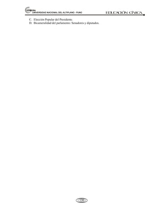 81,9(56,'$'1$,21$/'(/$/7,3/$123812 ED
U
C
A
C
IÓ
N C
ÍV
IC
A
- 121 -
CAPITULO III
ACTIVIDAD DE AUTOAPRENDIZAJE DE LOS DESASTRES NATURALES.
1. Son aquellos originados por lo fenómenos naturales o tecnológicos provocados por el hombre:
a. Inseguridad social
b. Desastres
c. Desastres naturales
d. Desastres artifícales
e. Ninguna de las anteriores
2. A que se denomina desplazamiento de nieve:
a. Derrumbes
b. Aluviones
c. Aludes
d. Huaycos
e. Ninguna de las anteriores
3. las erupciones volcánicas, es un desastre generado por:
a. La intervención del hombre
b. Los maremotos
c. La geodinámica interna de la tierra
d. La neodinámica externa de la tierra
e. Todas las anteriores
4. No es un desastre natural:
a. Derrame de sustancias químicas
b. Maremotos
c. Sismos
d. Todas las anteriores
e. Ninguna de las anteriores
5. Uno de estos desastres no es generado por fenómenos metereológicos o hidrológicos:
a. Aluviones
b. Inundaciones
c. Sequías
d. Heladas
e. Tornado
6. Las plagas es un:
a. Desastre artificial
b. Desastre fenomenológico hidrológico
c. Desastre natural
d. Desastre de orden biológico
e. N. A.
 