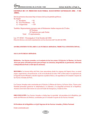 81,9(56,'$'1$,21$/'(/$/7,3/$123812 ED
U
C
A
C
IÓ
N C
ÍV
IC
A
- 159 -
03.- José de la Mar (1822-1823)
04.- José Bernardo de Torre Tagle (1823-1824)
05.- José de la Riva Agüero (1823-1823)
06.- Antonio José de Sucre (1823-1823)
07.- Simón Bolívar (1824-1826)
08.- Andrés de Santa Cruz (1826-1827; 1836-
1837)
09.- Manuel Salazar y Baquíjano (1827-1827)
Antonio Gutiérrez de la Fuente (1829-1829)
10.- Agustín Gamarra (1829-1833)
11.- Luís José de Orbegozo (1833-1834)
12.- Pedro Pablo Bermúdez (1834-1834)
13.- Felipe Santiago Salaverry (1835-1836)
14.- Manuel Mendez (1841-1842)
Juan Crisóstomo Torríco 1842-1842)
Juan Francisco de Vidal (1842-1843)
15.- Justo Figuerola (1843-1843)
Manuel Ignacio de Vivanco (1843-1844)
Domingo Nieto (1843-1844)
16.- Ramón Castilla (1844-1844)
17.- Domingo Elías (1844-1844)
18.- José Rufino Echenique (1851-1855)
19.- Miguel de San Román (1862-1863)
20.- Pedro Diez Canseco (1863-1863).
21.- Juan Antonio Pezet (1863-1865)
22.- Mariano Ignacio Prado (1865-1865; 1876-
1879)
Luís La Puerta (1868-1868)
23.- José Balta (1868-1872)
24.- Tomás Gutiérrez (1872-1872)
25.- Francisco Diez Canseco (1872-1872)
Mariano Herencia Zevallos (1872-1872)
26.- Manuel Pardo (1872-1876)
27.- Nicolás de Piérola Villena (1879-1881; 1895-
1899)
28.- Francisco García Calderón (1881-1881)
29.- Lizardo Montero Flores (1881-1883)
30.-Andrés Avelino. Cáceres Dorregaray (1883-
1885;
1886-1890; 1894-1895).
31.- Miguel Iglesias (1885-1885)
32.- Antonio Arenas (1885-1886)
33.- Remigio Morales Bermúdez (1890-1894).
34.- Justiniano Borgoña (1894-1894)
35.- Manuel Candamo Iriarte (1895-1895)
36.- Eduardo López de Romaña (1899-1903)
37.- Serapio Calderón (1904-1904)
38.- José Pardo y Barreda (1904-1908).
39.- Augusto B. Leguía y Salcedo (1908-1912; 1919-
1930)
40- Guillermo Billinghurst (1912-1914).
41.- Oscar R. Benavides (1914-1915; 1933-1939).
42.- Manuel Maria Ponce Brousset (1930-1930).
Luís miguel Sánchez Cerro (1930-1931; 1931-1933)
43.- Ricardo Leoncio Elias Arias (1831-1931).
44.- Gustavo Jiménez (1931-1931).
David Samanez Ocampo (1931-1931)
45.- Manuel Prado Ugarteche(1939-1945; 1956-
1962)
46.- José Luís Bustamante y Rivero (1945-1948)
47.- Manuel a. Odría (1948-1956)
 