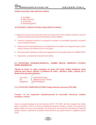 81,9(56,'$'1$,21$/'(/$/7,3/$123812 ED
U
C
A
C
IÓ
N C
ÍV
IC
A
- 179 -
CAPITULO IV
ACTIVIDAD DE AUTOAPRENDIZAJE
SOBRE LA CONSTITUCIÓN POLÍTICA
DEL PERÚ Y DEL ESTADO PERUANO
1. ¿En qué año se dio un reglamento
provisional en nuestro país?
a. 1921
b. 1721
c. 1821
d. 1823
e. N.A.
2. En 185 años, ¿cuantas constituciones
tuvo nuestro país?
a. 13
b. 14
c. 11
d. 12
e. N.A
3. La constitución política que tuvo como
vigencia 40 años fue promulgada en el
gobierno de:
a. Ramón Castilla
b. Luis Sánchez Cerro
c. Augusto B. Leguía
d. La que promulgo el ministerio público.
e. N.A.
4. El conjunto de normas de mayor
jerarquía que ordena jurídica y
políticamente al Estado, es la ley:
a. De presupuesto del Estado
b. Suprema o carta magna.
c. De partidos políticos.
d. Del poder legislativo
e. Del ministerio público.
5. La primera constitución política del
Perú de 1823 fue aprobada por:
a. El primer congreso constituyente de
1823.
b. La primera Asamblea constituyente de
1822
c. Por el Libertador José de San Martín
d. El gobierno de Simón Bolívar.
e. El Estatuto Provisional de 1821
6. La Constitución política del Perú de 1993,
fue elaborado por:
a. El Gobierno militar de Juan Velasco
Alvarado.
b. Por el congreso bicameral de 1965
c. Por el CCD de 1992
d. La asamblea constituyente de 1978
e. El presidente de la república.
7. El texto siguiente dentro de la constitución:
“… invocando a DIOS todopoderoso,
obedeciendo el mandato del pueblo y, … ha
resuelto dar al siguiente constitución”, es la
parte del:
a. Primer artículo.
b. Título del Estado y la Nación.
c. La declaración jurada del juez.
d. El preámbulo.
e. La declaratoria.
8. La ley que consagra los derechos ciudadanos
y establece la vida política, económica,
administrativa y social del Estado, es la:
a. Ley suprema.
b. Ley de leyes.
c. Carta magna
d. Constitución política.
e. Todas las anteriores.
9. ¿Cuando se denomina constitución
transitoria?:
a. Cuando son intangibles.
b. Cuando esta sujeta a normas.
c. Cuando se resume artículos.
d. Cuando se dicta en emergencias.
e. Cuando esta sujeta a reformas
10. Se llama Ley fundamental la constitución,
porque:
a. Por que así es la voluntad de DIOS.
b. Sirve de fundamento a todas la demás
normas jurídicas del Estado.
c. Es la conciencia del Estado peruano.
d. Todas las anteriores.
e. Ninguna de las anteriores
11. Es la nación jurídicamente y políticamente
organizada:
a. La constitución
b. El Estado.
c. Poder judicial
 