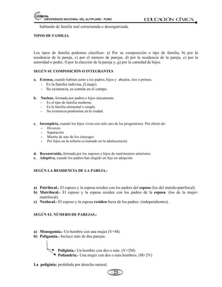 81,9(56,'$'1$,21$/'(/$/7,3/$123812 ED
U
C
A
C
IÓ
N C
ÍV
IC
A
- -

hablando de familia mal estructurada o desorganizada.
TIPOS DE FAMILIA
Los tipos de familia podemos clasificar: a) Por su composición o tipo de familia, b) por la
residencia de la pareja, c) por el número de parejas, d) por la residencia de la pareja, e) por la
autoridad o poder, f) por la elección de la pareja y, g) por la cantidad de hijos.
SEGÚN SU COMPOSICIÓN O INTEGRANTES
a. Extensa, cuando habitan junto a los padres, hijos y abuelos, tíos o primos.
- Es la familia indivisa, (Linaje).
- Su existencia, es común en el campo.
b. Nuclear, formada por padres e hijos únicamente.
- Es el tipo de familia moderna.
- Es la familia elemental o simple.
- Su existencia predomina en la ciudad.
c. Incompleta, cuando los hijos viven con sólo uno de los progenitores. Por efecto de:
 Divorcio
 Separación
 Muerte de uno de los cónyuges
 Por hijos en la soltería (a menudo en la adolescencia).
d. Reconstruida, formada por los esposos e hijos de matrimonios anteriores.
e. Adoptiva, cuando los padres han elegido un hijo en adopción.
SEGÚN LA RESIDENCIA DE LA PAREJA.-
a) Patrílocal.- El esposo y la esposa residen con los padres del esposo (los del marido-patrílocal).
b) Matrílocal.- El esposo y la esposa residen con los padres de la esposa. (los de la mujer-
matrílocal).
c) Neolocal.- El esposo y la esposa residen fuera de los padres. (independientes).
SEGÚN EL NÚMERO DE PAREJAS.-
a) Monogamia.- Un hombre con una mujer.(V=M)
b) Poligamia.- Incluye más de dos parejas.
Poliginia.- Un hombre con dos o más. (V+2M)
Poliandria.- Una mujer con dos o más hombres. (M+2V)
La poliginia: prohibida por derecho natural.
 