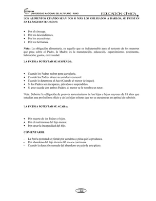 81,9(56,'$'1$,21$/'(/$/7,3/$123812 ED
U
C
A
C
IÓ
N C
ÍV
IC
A
- -

LOS ALIMENTOS CUANDO SEAN DOS O MÁS LOS OBLIGADOS A DARLOS, SE PRESTAN
EN EL SIGUIENTE ORDEN:
• Por el cónyuge.
• Por los descendientes.
• Por los ascendentes.
• Por los hermanos.
Nota: La obligación alimentaría, es aquello que es indispensable para el sustento de los menores
que pesa sobre el Padre, la Madre: es la manutención, educación, esparcimiento, vestimenta,
habitación, gastos, enfermedad.
LA PATRIA POTESTAD SE SUSPENDE:
• Cuando los Padres sufren pena carcelaria.
• Cuando los Padres observan conducta inmoral.
• Cuando lo determina el Juez (Cuando el menor delinque).
• Si los Padres son incapaces, privados o suspendidos.
• Si esto sucede con ambos Padres, al menor se le nombra un tutor.
Nota: Subsiste la obligación de proveer sostenimiento de los hijos e hijas mayores de 18 años que
estudian una profesión u oficio y de las hijas solteras que no se encuentran en aptitud de subsistir.
LA PATRIA POTESTAD SE ACABA:
• Por muerte de los Padres o hijos.
• Por el matrimonio del hijo menor.
• Por cesar la incapacidad del hijo.
COMENTARIO
 La Patria potestad se pierde por condena o pena que la produzca.
 Por abandono del hijo durante 06 meses continuos.
 Cuando la duración sumada del abandono exceda de este plazo.
 