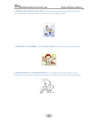 81,9(56,'$'1$,21$/'(/$/7,3/$123812 ED
U
C
A
C
IÓ
N C
ÍV
IC
A
- -
76
autorización de los padres o tutor.
d) Clasificación. Criterios son tres: 1) Ocupación, 2) grado de instrucción
y aptitud e idoneidad para el servicio activo.
e) El servicio activo. Lo realizan los seleccionados voluntarios, varones y mujeres entre los 18
años cumplidos y los 30 años de edad, en una unidad o dependencia de los Institutos de las
Fuerzas Armadas.
f) Del servicio activo. Hay tres (03) modalidades:
1. Acuartelado.
Modalidades 2. No acuartelado; y
3. Comités de autodefensa.
g) Duración del servicio: de 02 años a 01 año.
Servicio en el activo Î Acuartelamiento no mayor de 02 años.
Servicio en la reserva Î a) No acuartelamiento 01 año y,
b) Comité Autodefensa (personas de 15 a 60 años en el ámbito
rural).
SUFRAGAR:
Concepto.- El sufragio es el acto de votar a favor de algún candidato o una propuesta.
El voto consiste en el acto de elegir una de las alternativas que se presentan a la ciudadanía para que
escoja libremente. Se realiza por cada ciudadano, en la mesa de votación que le toca, en el día en
que la votación ha sido convocada.
CARACTERÍSTICAS DEL VOTO. El voto es personal, libre, secreto e igual.
a) Personal.- El elector no puede ser reemplazado por otra persona, ya que no es válida la
delegación o representación del ejercicio del voto.
b) Secreto.- El votante es el único que sabe del sentido de su voto.
c) Libre.- El elector no tiene ninguna presión para decidir por que candidato o partido votar.
d) Igual.- Cuando un ciudadano tiene idéntico derecho a votar y a que los votos valgan lo mismo
sin que sea posible diferenciar la importancia del voto en función de criterios, de propiedad,
educación, raza, sexo, etc.
Todos los ciudadanos tienen derecho de ser elegidos y de elegir libremente a sus
representantes, de acuerdo con las condiciones y procedimientos establecidos por la ley.
Las votaciones pueden tener dos grandes propósitos: elegir representantes (es el caso de la elección
del Presidente de la República, de los Congresistas o de las autoridades municipales), y tomar
decisión popular en ciertos asuntos que son sometidos a la ciudadanía, es el caso del referéndum,
revocatoria o remoción de autoridades y como ocurrió con la constitución de 1993.
PARTICIPACIÓN CIUDADANA EN ASUNTOS DE POLÍTICA DEL ESTADO. (Art.31
Const.)
El voto es un derecho a nadie se le puede impedir votar en una votación ciudadana y el que
pretende tal cosa comete un delito que es sancionado por la legislación penal.
 