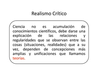 Realismo Crítico 
Ciencia   no   es   acumulación   de 
conocimientos científicos, debe darse una 
explicación   de   las   relaciones   y 
regularidades que se observan entre las 
cosas   (situaciones,   realidades)   que   a   su 
vez,   dependen   de   concepciones   más 
amplias   y   unificaciones   que   llamamos 
teorías. 
 