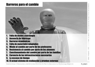 1.  Falta de visión y estrategia
2.  Ausencia de liderazgo
3.  Barreras económicas
4.  Falta de materiales adaptados
5.  Miedo al cambio por parte de los profesores
6.  Resistencia al cambio por parte de los alumnos
7.  Cuestionamiento del cambio por parte de las familias
8.  Carencia de las infraestructuras necesarias
9.  La escasez de tiempo
10. El actual sistema de evaluación y pruebas externas
Barreras para el cambio
Fuente:http://thejournal.com/Articles/2015/02/23/The-11-Barriers-to-Technology-Adoption @c_magro
JamesVaughan.1951...Icomeinpeace!CC2.0by-nc-sahttps://flic.kr/p/ekGn3P
 