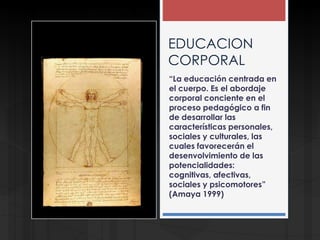 EDUCACION
CORPORAL
“La educación centrada en
el cuerpo. Es el abordaje
corporal conciente en el
proceso pedagógico a fin
de desarrollar las
características personales,
sociales y culturales, las
cuales favorecerán el
desenvolvimiento de las
potencialidades:
cognitivas, afectivas,
sociales y psicomotores”
(Amaya 1999)
 