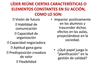 LÍDER REÚNE CIERTAS CARACTERÍSTICAS O
ELEMENTOS CONSTANTES EN SU ACCIÓN,
COMO LO SON:

Visión de futuro

Habilidad de
comunicación

Capacidad de
organización

Capacidad negociadora

Aptitud gana-gana

Predisposición creadora
de valor

Flexibilidad

• Impactar positivamente
en los alumnos y
trascender dichos
efectos en las aulas,
proyectándose en la
sociedad.
• ¿Qué papel juega la
“planificación” en la
gestión de calidad?

 