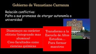Gobierno de Venustiano Carranza
Relación conflictiva:
Falto a sus promesas de otorgar autonomía a
universidad
Disminuyo su carácter
elitista (integrando mas
alumnos)
Creo facultades como
ciencias químicas
Transformo a la
Escuela de Altos
Estudios…
Para formar
maestros
 