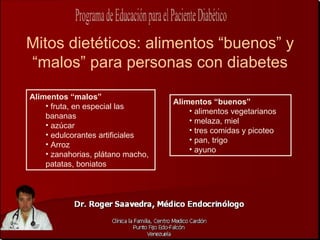 Mitos dietéticos: alimentos “buenos” y
“malos” para personas con diabetes
Alimentos “malos”
                                   Alimentos “buenos”
    • fruta, en especial las
                                       • alimentos vegetarianos
    bananas
                                       • melaza, miel
    • azúcar
                                       • tres comidas y picoteo
    • edulcorantes artificiales
                                       • pan, trigo
    • Arroz
                                       • ayuno
    • zanahorias, plátano macho,
    patatas, boniatos
 