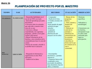 -Destrezas
específicas.
-Indicadores y
metodologías.
-Comunicarse con
las familias,
anticipando lo que
los niños están
realizando para
lograr su
participación.
- Manejo de los
programas
básicos.
- Antes, durante y
después del
proceso.
- Elaboran un
cartel de los
animales e
identifican las
características de
los animales
domésticos.
-describen en
forma oral lo que
les contaron en la
casa o
comunidad.
- Computador
- Diseño de la Guía.
-viviendas cercanas a la
escuela
-hojas grandes de papel
-pinturas de agua
-pinceles
-recipientes
-plantilla de
planificación del
proyecto con los niños
- Enciclopedias
electrónicas y portales
educativos.
- Programas básicos del
computador como:
procesador de palabras,
hoja electrónica, base de
datos y el Internet.
- Desarrollar habilidades en el
uso de las NTIC en el aula
-Guía del aprendizaje por parte
del profesor.
-Conversar sobre los animales
que cada niño o maestro tiene
cerca de su casa
-Conversar y dibujar
respondiendo a las siguientes
preguntas: ¿Dónde viven?¿Qué
comen?¿Qué hacen?
-Obtener información de las
familias y otros miembros de la
comunidad para hacer la casa del
conejo.
-Ponerse de acuerdo y decidir si
es posible hacer el proyecto
- Búsqueda de información y
organización en sitios Web
relevantes.
- Análisis de los datos.
PLANIFICACIÓN
EJECUCIÓN
UNA SEMANA
DOS
SEMANAS
OBSERVACIONEVALUACIÓNRECURSOSACTIVIDADESFASETIEMPO
PLANIFICACIÓN DE PROYECTO POR EL MAESTROPLANIFICACIÓN DE PROYECTO POR EL MAESTRO
Matriz 2b
 