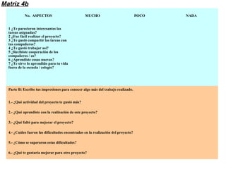 No. ASPECTOS MUCHO POCO NADA
1 ¿Te parecieron interesantes las
tareas asignadas?
2 ¿Fue fácil realizar el proyecto?
3 ¿Te gustó compartir las tareas con
tus compañeros?
4 ¿Te gustó trabajar así?
5 ¿Recibiste cooperación de los
compañeros / as?
6 ¿Aprendiste cosas nuevas?
7 ¿Te sirve lo aprendido para tu vida
fuera de la escuela / colegio?
Parte B: Escribe tus impresiones para conocer algo más del trabajo realizado.
1.- ¿Qué actividad del proyecto te gustó más?
2.- ¿Qué aprendiste con la realización de este proyecto?
3.- ¿Qué faltó para mejorar el proyecto?
4.- ¿Cuáles fueron las dificultades encontradas en la realización del proyecto?
5.- ¿Cómo se superaron estas dificultades?
6.- ¿Qué te gustaría mejorar para otro proyecto?
Matriz 4b
 