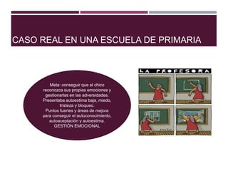 CASO REAL EN UNA ESCUELA DE PRIMARIA
Meta: conseguir que el chico
reconozca sus propias emociones y
gestionarlas en las adversidades.
Presentaba autoestima baja, miedo,
tristeza y bloqueo.
Puntos fuertes y áreas de mejora
para conseguir el autoconocimiento,
autoaceptación y autoestima.
GESTIÓN EMOCIONAL
 