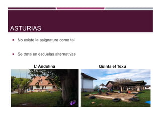 ASTURIAS
 No existe la asignatura como tal
 Se trata en escuelas alternativas
L’ Andolina Quinta el Texu
 