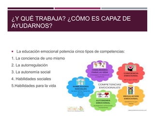 ¿Y QUÉ TRABAJA? ¿CÓMO ES CAPAZ DE
AYUDARNOS?
 La educación emocional potencia cinco tipos de competencias:
1. La conciencia de uno mismo
2. La autorregulación
3. La autonomía social
4. Habilidades sociales
5.Habilidades para la vida
 