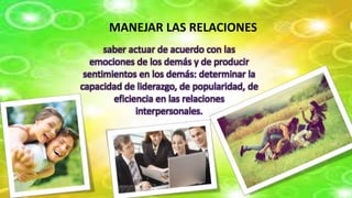 MANEJAR LAS RELACIONES
saber actuar de acuerdo con las
emociones de los demás y de producir
sentimientos en los demás: determinar la
capacidad de liderazgo, de popularidad, de
eficiencia en las relaciones
interpersonales.
 