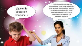 ¿Que es la
Educación
Emocional ?
Es “una formación integral que
incluya de los aspectos emocionales
y de relación interpersonal, porque
los aspectos emocionales están
íntimamente vinculados con el
rendimiento académico y el
bienestar personal.
 