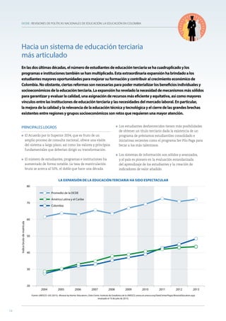 OCDE : REVISIONES DE POLÍTICAS NACIONALES DE EDUCACIÓN: LA EDUCACIÓN EN COLOMBIA
12
PRINCIPALES LOGROS
l El Acuerdo por lo Superior 2034, que es fruto de un
amplio proceso de consulta nacional, ofrece una visión
del sistema a largo plazo, así como los valores y principios
fundamentales que deberían dirigir su transformación.
l El número de estudiantes, programas e instituciones ha
aumentado de forma notable. La tasa de matriculación
bruta se acerca al 50%, el doble que hace una década.
l Los estudiantes desfavorecidos tienen más posibilidades
de obtener un título terciario dada la existencia de un
programa de préstamos estudiantiles consolidado e
iniciativas recientes como el programa Ser Pilo Paga para
becar a los más talentosos.
l Los sistemas de información son sólidos y avanzados,
y el país es pionero en la evaluación estandarizada
del aprendizaje de los estudiantes y la creación de
indicadores de valor añadido.
Hacia un sistema de educación terciaria
más articulado
Enlasdosúltimasdécadas,elnúmerodeestudiantesdeeducaciónterciariasehacuadruplicadoylos
programaseinstitucionestambiénsehanmultiplicado.Estaextraordinariaexpansiónhabrindadoalos
estudiantesmayoresoportunidadesparamejorarsuformaciónycontribuiralcrecimientoeconómicode
Colombia.Noobstante,ciertasreformassonnecesariasparapodermaterializarlosbeneficiosindividualesy
socioeconómicosdelaeducaciónterciaria.Laexpansiónhareveladolanecesidaddemecanismosmássólidos
paragarantizaryevaluarlacalidad,unaasignaciónderecursosmáseficienteyequitativa,asícomomayores
vínculosentrelasinstitucionesdeeducaciónterciariaylasnecesidadesdelmercadolaboral.Enparticular,
lamejoradelacalidadylarelevanciadelaeducacióntécnicaytecnológicayelcierredelasgrandesbrechas
existentesentreregionesygrupossocioeconómicossonretosquerequierenunamayoratención.
12
LA EXPANSIÓN DE LA EDUCACIÓN TERCIARIA HA SIDO ESPECTACULAR
Fuente: UNESCO−UIS (2015), «Browse by theme: Education», Data Centre, Instituto de Estadística de la UNESCO, www.uis.unesco.org/DataCentre/Pages/BrowseEducation.aspx
(evaluado el 10 de julio de 2015).
20
30
40
50
60
70
80
2004 2005 2006 2007 2008 2009 2010 2011 2012 2013
Índicebrutodematrícula
Colombia
América Latina y el Caribe
Promedio de la OCDE
 