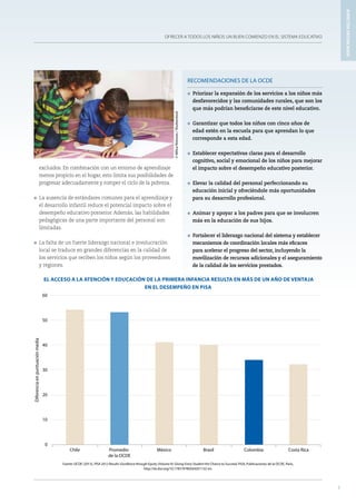 OFRECER A TODOS LOS NIÑOS UN BUEN COMIENZO EN EL SISTEMA EDUCATIVO
7
RECOMENDACIONES DE LA OCDE
l Priorizar la expansión de los servicios a los niños más
desfavorecidos y las comunidades rurales, que son los
que más podrían beneficiarse de este nivel educativo.
l Garantizar que todos los niños con cinco años de
edad estén en la escuela para que aprendan lo que
corresponde a esta edad.
l Establecer expectativas claras para el desarrollo
cognitivo, social y emocional de los niños para mejorar
el impacto sobre el desempeño educativo posterior.
l Elevar la calidad del personal perfeccionando su
educación inicial y ofreciéndole más oportunidades
para su desarrollo profesional.
l Animar y apoyar a los padres para que se involucren
más en la educación de sus hijos.
l Fortalecer el liderazgo nacional del sistema y establecer
mecanismos de coordinación locales más eficaces
para acelerar el progreso del sector, incluyendo la
movilización de recursos adicionales y el aseguramiento
de la calidad de los servicios prestados.
7
EL ACCESO A LA ATENCIÓN Y EDUCACIÓN DE LA PRIMERA INFANCIA RESULTA EN MÁS DE UN AÑO DE VENTAJA
EN EL DESEMPEÑO EN PISA
Fuente: OCDE (2013), PISA 2012 Results: Excellence through Equity (Volume II): Giving Every Student the Chance to Succeed, PISA, Publicaciones de la OCDE, París,
http://dx.doi.org/10.1787/9789264201132-en.
0
10
20
30
40
50
60
Chile Promedio
de la OCDE
México Brasil Colombia Costa Rica
Diferenciaenpuntuaciónmedia
excluidos. En combinación con un entorno de aprendizaje
menos propicio en el hogar, esto limita sus posibilidades de
progresar adecuadamente y romper el ciclo de la pobreza.
l La ausencia de estándares comunes para el aprendizaje y
el desarrollo infantil reduce el potencial impacto sobre el
desempeño educativo posterior. Además, las habilidades
pedagógicas de una parte importante del personal son
limitadas.
l La falta de un fuerte liderazgo nacional e involucración
local se traduce en grandes diferencias en la calidad de
los servicios que reciben los niños según los proveedores
y regiones.
ASPECTOSDESTACADOS
©MilicaNistoran/Shutterstock
 