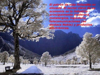 El patrón de vida finlandés es elevado. El sector clave de su economía es la industria - principalmente maderera, metalúrgica, ingeniería, telecomunicaciones (se destaca Nokia) y productos electrónicos. 