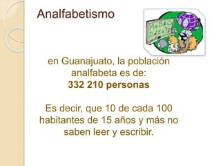Analfabetismo
en Guanajuato, la población
analfabeta es de:
332 210 personas
Es decir, que 10 de cada 100
habitantes de 15 años y más no
saben leer y escribir.
 