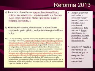 Reforma 2013
a) Impartir la educación con apego a los mismos fines y
criterios que establecen el segundo párrafo y la fracción
II, así como cumplir los planes y programas a que se
refiere la fracción III, y
b) Obtener previamente, en cada caso, la autorización
expresa del poder público, en los términos que establezca
la ley;
VII. Las universidades y las demás instituciones de educación superior a las que la
ley otorgue autonomía, tendrán la facultad y la responsabilidad de gobernarse a
sí mismas; realizarán sus fines de educar, investigar y difundir la cultura de
acuerdo con los principios de este artículo, respetando la libertad de cátedra e
investigación y de libre examen y discusión de las ideas; determinarán sus
planes y programas; fijarán los términos de ingreso, promoción y permanencia
de su personal académico; y administrarán su patrimonio. Las relaciones
laborales, tanto del personal académico como del administrativo, se normarán
por el apartado A del artículo 123 de esta Constitución, en los términos y con
las modalidades que establezca la Ley Federal del Trabajo conforme a las
características propias de un trabajo especial, de manera que concuerden con la
autonomía, la libertad de cátedra e investigación y los fines de las instituciones
a que esta fracción se refiere;
• Asegura el carácter
nacional de la
educación básica y
normal (en escuelas
privadas). No se
menciona el
cumplimiento de la
fracción I, lo que
significa que los
particulares no están
obligados a cumplir
con el laicismo.
• Establece y regula la
autonomía y las
facultades que se
otorgan a las
instituciones
autónomas
 