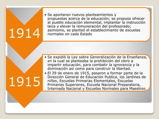 1914
• Se aportaron nuevos planteamientos y
propuestas acerca de la educación; se propuso ofrecer
al pueblo educación elemental, implantar la instrucción
laica y elevar la remuneración del profesorado;
asimismo, se planteó el establecimiento de escuelas
normales en cada Estado
1915
• Se expidió la Ley sobre Generalización de la Enseñanza,
en la cual se planteaba la prohibición del clero a
impartir educación, para combatir la ignorancia y la
dominación así como para construir la libertad.
• El 29 de enero de 1915, pasaron a formar parte de la
Dirección General de Educación Publica, los Jardines de
niños, Escuelas Primarias Elementales, Escuelas
Primarias Superiores, Escuela Nacional Preparatoria,
Internado Nacional y Escuelas Normales para Maestros.
 