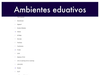 Ambientes eduativos .campus .LRN ANGEL Learning Apex Learning K-12 TeleAprendizaje ([1]) ATutor Blackboard Bodington Buenas Fuentes (Buenas Fuentes) Engrade - Plataforma Gratuita en cualquier idioma ([2] ENGRADE) Chamilo Claroline ClassCentral Click-a-teacher Desire2Learn Digilearn² Docebo (Website) Dokeos eCollege Edumate FirstClass FrogTeacher Fronter ILIAS Kaleidos (VTLE) Link on Learning (Link on Learning) LON-CAPA Moodle OLAT redAlumnos (Website) Sakai Project Scholar360 VClass WebCT CLIX Studywiz Ossett Teletop 