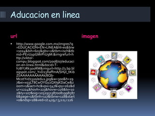 Aducacion en linea

url                                       imagen
   http://www.google.com.mx/imgres?q
    =EDUCACION+EN+LINEA&hl=es&biw
    =1024&bih=605&gbv=2&tbm=isch&tb
    nid=PEvUypGMrPrU9M:&imgrefurl=h
    ttp://viktor-
    compu.blogspot.com/2008/07/educaci
    on-en-linea.html&docid=T-
    h7BY7Rk3ooRM&imgurl=http://3.bp.bl
    ogspot.com/_YvD23XaffmA/SHyl_tKib
    ZI/AAAAAAAAAAk/8Qb-
    McotYvI/s320/edu2.jpg&w=300&h=29
    7&ei=xq3LT8CwOYGy2QXI9KDaCw&z
    oom=1&iact=hc&vpx=547&vpy=162&d
    ur=1224&hovh=223&hovw=226&tx=10
    2&ty=107&sig=10329513870081998587
    6&page=1&tbnh=117&tbnw=118&start
    =0&ndsp=18&ved=1t:429,r:3,s:0,i:126
 
