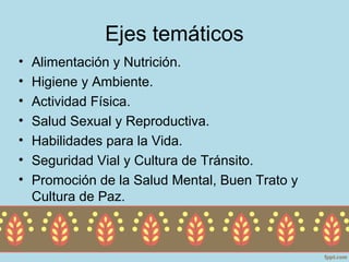 Ejes temáticos
•   Alimentación y Nutrición.
•   Higiene y Ambiente.
•   Actividad Física.
•   Salud Sexual y Reproductiva.
•   Habilidades para la Vida.
•   Seguridad Vial y Cultura de Tránsito.
•   Promoción de la Salud Mental, Buen Trato y
    Cultura de Paz.
 