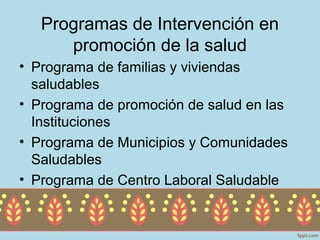 Programas de Intervención en
      promoción de la salud
• Programa de familias y viviendas
  saludables
• Programa de promoción de salud en las
  Instituciones
• Programa de Municipios y Comunidades
  Saludables
• Programa de Centro Laboral Saludable
 