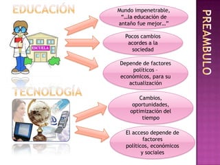 Mundo impenetrable,
 “…la educación de
antaño fue mejor…”

  Pocos cambios
   acordes a la
    sociedad

Depende de factores
    políticos –
económicos, para su
   actualización

        Cambios,
     oportunidades,
    optimización del
         tiempo

   El acceso depende de
           factores
   políticos, económicos
          y sociales
 