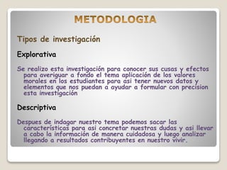 Tipos de investigación 
Explorativa 
Se realizo esta investigación para conocer sus cusas y efectos 
para averiguar a fondo el tema aplicación de los valores 
morales en los estudiantes para asi tener nuevos datos y 
elementos que nos puedan a ayudar a formular con precision 
esta investigación 
Descriptiva 
Despues de indagar nuestro tema podemos sacar las 
características para asi concretar nuestras dudas y asi llevar 
a cabo la información de manera cuidadosa y luego analizar 
llegando a resultados contribuyentes en nuestro vivir. 
 