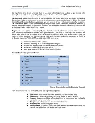 Educación Especial I VERSION PRELIMINAR
103
Es importante tener desde un inicio claro el concepto sobre la persona sorda y lo que implica este
concepto en el proceso de aprendizaje de la Lengua de Señas Boliviana, la LSB.
La cultura del sordo, es un conjunto de manifestaciones que nace a partir de la percepción propia de la
Comunidad Sorda; se sustenta en su forma de comunicación visogestual (Lengua de Señas Boliviana)
con particularidades conductuales y sociales, que son parte de la vida y relacionamiento de las personas.
La comunidad sorda. Está conformada por las personas sordas, familiares, maestras maestros y
amigos, intérpretes de LSB y comunidad educativa que comparten intereses, objetivos y participan de
actividades que les involucran a todos y todas.
Según una concepción socio antropológica, desde la perspectiva biológica y social del ser humano,
esta concepción reivindica el derecho de la persona sorda, para que se comunique en la lengua de
señas. Este derecho fue reconocido en la Declaración de Salamanca de 1994, en la convención de los
derechos de las personas con discapacidad del 2006, en la Constitución Política del Estado de Bolivia y
el Decreto Supremo nº0328 del 14 de octubre del 2009, entre otros.
• Reconoce al sordo como persona
• Fomenta el manejo de la LSB como primera lengua
• Fortalece la posibilidad del manejo de la segunda lengua
• Parte de la diferencia, no de la deficiencia
• Ve a la persona sorda desde la diversidad lingüística
Cantidad de Sordos por departamento
DEPARTAMENTO DE BOLIVIA CANTIDAD
• Pando 138
• Oruro 776
• Beni 879
• Tarija 1341
• Chuquisaca 2701
• Potosí 2854
• Cochabamba 3588
• Santa Cruz 3894
• La Paz 6371
Fuente Dirección General de Educación Especial
Para la comunicación se toma en cuenta los siguientes aspectos:
• Querema, (Forma) Hace referencia al lugar donde se realiza la seña.
• Toponema, (Lugar) Hace referencia al lugar donde se realiza la seña.
• Kinema, (Movimiento) Hace referencia al tipo de movimiento que realiza la
mano o las manos en la seña.
• Kineprosema. (Dirección) del movimiento de la mano.
• Keirotropema. (Orientación) de la mano
• Prosoponema, (Expresión de la cara) hace referencia a la expresión facial y/o
corporal que acompaña a la seña y al acto de señar.
 