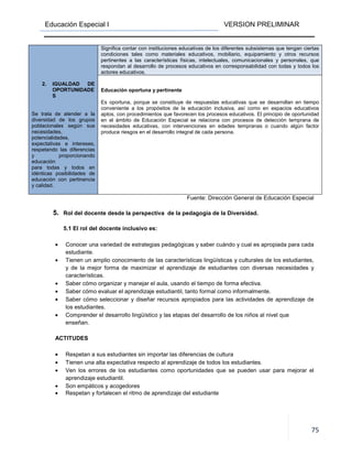 Educación Especial I VERSION PRELIMINAR
75
2. IGUALDAD DE
OPORTUNIDADE
S
Se trata de atender a la
diversidad de los grupos
poblacionales según sus
necesidades,
potencialidades,
expectativas e intereses,
respetando las diferencias
y proporcionando
educación
para todas y todos en
idénticas posibilidades de
educación con pertinencia
y calidad.
Significa contar con instituciones educativas de los diferentes subsistemas que tengan ciertas
condiciones tales como materiales educativos, mobiliario, equipamiento y otros recursos
pertinentes a las características físicas, intelectuales, comunicacionales y personales, que
respondan al desarrollo de procesos educativos en corresponsabilidad con todas y todos los
actores educativos.
Educación oportuna y pertinente
Es oportuna, porque se constituye de respuestas educativas que se desarrollan en tiempo
conveniente a los propósitos de la educación inclusiva, así como en espacios educativos
aptos, con procedimientos que favorecen los procesos educativos. El principio de oportunidad
en el ámbito de Educación Especial se relaciona con procesos de detección temprana de
necesidades educativas, con intervenciones en edades tempranas o cuando algún factor
produce riesgos en el desarrollo integral de cada persona.
Fuente: Dirección General de Educación Especial
5. Rol del docente desde la perspectiva de la pedagogía de la Diversidad.
5.1 El rol del docente inclusivo es:
• Conocer una variedad de estrategias pedagógicas y saber cuándo y cual es apropiada para cada
estudiante.
• Tienen un amplio conocimiento de las características lingüísticas y culturales de los estudiantes,
y de la mejor forma de maximizar el aprendizaje de estudiantes con diversas necesidades y
características.
• Saber cómo organizar y manejar el aula, usando el tiempo de forma efectiva.
• Saber cómo evaluar el aprendizaje estudiantil, tanto formal como informalmente.
• Saber cómo seleccionar y diseñar recursos apropiados para las actividades de aprendizaje de
los estudiantes.
• Comprender el desarrollo lingüístico y las etapas del desarrollo de los niños al nivel que
enseñan.
ACTITUDES
• Respetan a sus estudiantes sin importar las diferencias de cultura
• Tienen una alta expectativa respecto al aprendizaje de todos los estudiantes.
• Ven los errores de los estudiantes como oportunidades que se pueden usar para mejorar el
aprendizaje estudiantil.
• Son empáticos y acogedores
• Respetan y fortalecen el ritmo de aprendizaje del estudiante
 