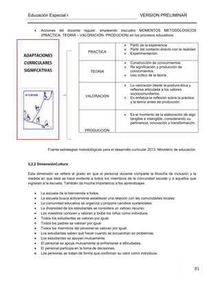 Educación Especial I VERSION PRELIMINAR
81
• Acciones del docente regular, empleando loscuatro MOMENTOS METODOLOGICOS
(PRACTICA- TEORIA – VALORACION- PRODUCION) en los procesos educativos.
PRACTICA
Partir de la experiencia
Partir del contacto directo con la realidad
Experimentación.
TEORIA
Construcción de conocimientos.
Re significación y producción de
conocimientos.
Uso crítico de la teoría
VALORACION
La valoración desde la postura ética y
reflexiva articulada a los valores
sociocomunitarios.
En enfatiza la reflexión sobre la práctica
y la teoría antes de producción.
PRODUCCION
Es el momento de la elaboración de algo
tangible e intangible, considerando su
pertinencia, innovación y transformación.
Fuente estrategias metodológicas para el desarrollo curricular.2013. Ministerio de educación.
5,2.2 DimensiónCultura
Esta dimensión se refiere al grado en que el personal docente comparte la filosofía de inclusión y la
medida en que ésta se hace evidente a todos los miembros de la comunidad escolar y a aquellos que
ingresan a la escuela. También da mucha importancia a los aprendizajes:
• La escuela da la bienvenida a todos.
• La escuela busca activamente establecer una relación con las comunidades locales.
• La comunidad educativa se organiza y propone cambios sustanciales
• La diversidad de los estudiantes se considera un valioso recurso.
• Los maestros conocen y valoran a todos los niños como individuos.
• Todos los estudiantes se valoran por igual.
• Todos los padres se valoran por igual.
• Todos los miembros del personal se valoran por igual.
• Los estudiantes saben qué hacer cuando se encuentran en problemas.
• Los estudiantes se apoyan mutuamente.
• El personal se apoya mutuamente al enfrentarse a dificultades.
• El personal participa en la toma de decisiones.
• Las personas se tratan de forma que confirman su valor como individuos.
ADAPTACIONES
CURRICULARES
SIGNIFCATIVAS
 