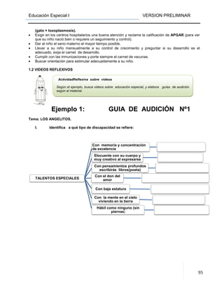 Educación Especial I
(gato = toxoplasmosis).
• Exigir en los centros hospitalarios una buena atención y reclame la calificación de
que su niño nació bien o requiere un seguimiento y control).
• Dar al niño el seno materno el mayor tiempo posible.
• Llevar a su niño mensualmente a su control
adecuado, exija el carnet de desarrollo.
• Cumplir con las inmunizaciones y porte siempre el carnet de vacunas.
• Buscar orientación para estimular adecuadamente a su niño.
1.2 VIDEOS REFLEXIVOS
Ejemplo 1: GUIA DE AUDICIÓN Nº1
Tema: LOS ANGELITOS.
I. Identifica a qué tipo de discapacidad se refiere:
TALENTOS ESPECIALES
ActividadReflexiva sobre videos
Según el ejemplo, busca videos sobre educación especial, y elabora guías de audición
según el material.
VERSION PRELIMINAR
Exigir en los centros hospitalarios una buena atención y reclame la calificación de
que su niño nació bien o requiere un seguimiento y control).
Dar al niño el seno materno el mayor tiempo posible.
Llevar a su niño mensualmente a su control de crecimiento y preguntar si su desarrollo es el
adecuado, exija el carnet de desarrollo.
Cumplir con las inmunizaciones y porte siempre el carnet de vacunas.
Buscar orientación para estimular adecuadamente a su niño.
Ejemplo 1: GUIA DE AUDICIÓN Nº1
Identifica a qué tipo de discapacidad se refiere:
Con memoria y concentración
de excelencia
Elocuente con su cuerpo y
muy creativo al expresarse
Con pensamientos profundos
escribirás libros(poeta)
Con el don del
amor
Con baja estatura
Con la mente en el cielo
viviendo en la tierra
Hábil como ninguno (sin
piernas)
Reflexiva sobre videos
Según el ejemplo, busca videos sobre educación especial, y elabora guías de audición
VERSION PRELIMINAR
95
Exigir en los centros hospitalarios una buena atención y reclame la calificación de APGAR (para ver
de crecimiento y preguntar si su desarrollo es el
Ejemplo 1: GUIA DE AUDICIÓN Nº1
Según el ejemplo, busca videos sobre educación especial, y elabora guías de audición
 
