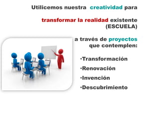 Utilicemos nuestra creatividad para

   transformar la realidad existente
                         (ESCUELA)

              a través de proyectos
                   que contemplen:

                •Transformación
                •Renovación
                •Invención
                •Descubrimiento
 