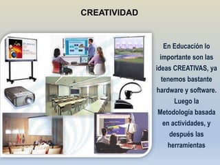 CREATIVIDAD


                  En Educación lo
                importante son las
              ideas CREATIVAS, ya
                 tenemos bastante
              hardware y software.
                      Luego la
               Metodología basada
                  en actividades, y
                    después las
                    herramientas
 