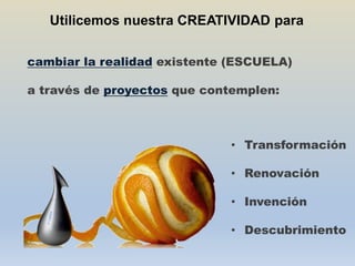 Utilicemos nuestra CREATIVIDAD para

cambiar la realidad existente (ESCUELA)

a través de proyectos que contemplen:



                             • Transformación

                             • Renovación

                             • Invención

                             • Descubrimiento
 