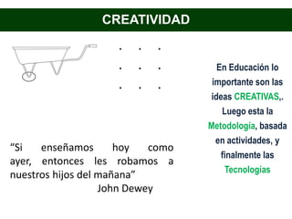 CREATIVIDAD


                                     En Educación lo
                                    importante son las
                                    ideas CREATIVAS,.
                                       Luego esta la
                                   Metodología, basada
                                     en actividades, y
“Si   enseñamos       hoy   como
                                       finalmente las
ayer, entonces les robamos a
                                        Tecnologías
nuestros hijos del mañana”
                   John Dewey
 