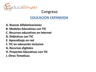 Congreso


A. Nuevas Alfabetizaciones
B. Modelos Educativos con TIC
C. Recursos educativos en Internet
D. Didácticas con TIC
E. Aprendizaje en red
F. TIC en educación inclusivo
G. Recursos digitales
H. Proyectos Educativos con TIC
J. Otras Tematicas
 
