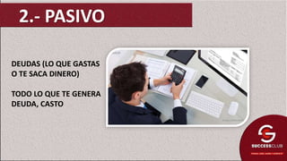 2.- PASIVO
DEUDAS (LO QUE GASTAS
O TE SACA DINERO)
TODO LO QUE TE GENERA
DEUDA, CASTO
 