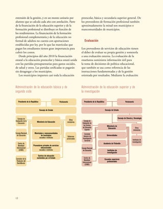 12
Presidente de la República
Ministerio de
Educación
Universidades
Academia de Finlandia
Institutos de
investigación
Escuelas superiores
profesionales
Parlamento
Consejo de Ciencia y Tecnología
Consejo de Estado
Consejo de
Evaluación de
los Centros
de Educación
Superior
Comisión
Asesora de
Investigación
Sectorial
Otros
ministerios
Institutos de
investigación
Consejo Nacional
de Educación
Centro de
Movilidad
Internacional
(CIMO)
Presidente de la República
Municipios y mancomunidades
de municipios
escuelas e institutos
Ministerio de Educación
Proveedores privados de servicios
educacionales
escuelas e institutos
Centros de educación
sostenidos por el Estado
Parlamento
Consejo de Estado
Consejo de
Evaluación de la
Educación
Otros
ministerios
Gobiernos
provinciales
Consejo Nacional
de Educación
Centro de
Movilidad
Internacional
(CIMO)
Comisión de la
Titulación del
Bachillerato
Administración de la educación básica y de
segundo ciclo
Administración de la educación superior y de
la investigación
extensión de la gestión, y en un monto unitario por
alumno que se calcula cada año con antelación. Parte
de la financiación de la educación superior y de la
formación profesional se distribuye en función de
los rendimientos. La financiación de la formación
profesional complementaria y de la educación no
formal de adultos no cuenta con aportaciones
establecidas por ley, por lo que las matrículas que
pagan los estudiantes tienen gran importancia para
cubrir los costos.
Desde principios del año 2010 la financiación
estatal a la educación preescolar y básica estará unida
con las partidas presupuestarias para gastos sociales,
de salud y otros. Las partidas unificadas se pagarán
sin desagregar a los municipios.
Los municipios imparten casi toda la educación
preescolar, básica y secundaria superior general. De
los proveedores de formación profesional también
aproximadamente la mitad son municipios o
mancomunidades de municipios.
Evaluación
Los proveedores de servicios de educación tienen
el deber de evaluar su propia gestión y someterla
a una evaluación externa. La evaluación de la
enseñanza suministra información útil para
la toma de decisiones de política educacional,
que también se usa como referencia de las
instrucciones fundamentadas y de la gestión
orientada por resultados. Mediante la evaluación
 