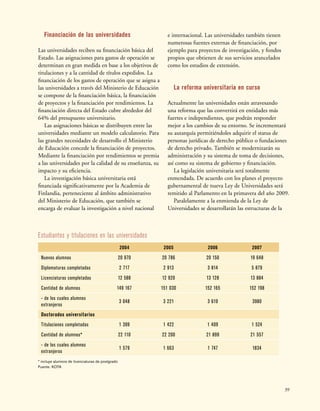 39
Estudiantes y titulaciones en las universidades
2004 2005 2006 2007
Nuevos alumnos 20 970 20 786 20 150 19 648
Diplomaturas completadas 2 717 2 913 3 814 5 879
Licenciaturas completadas 12 588 12 920 13 128 13 884
Cantidad de alumnos 149 167 151 030 152 165 152 198
- de los cuales alumnos
extranjeros
3 048 3 221 3 619 3980
Doctorados universitarios
Titulaciones completadas 1 399 1 422 1 409 1 524
Cantidad de alumnos* 22 110 22 200 21 899 21 557
- de los cuales alumnos
extranjeros
1 579 1 663 1 747 1834
* incluye alumnos de licenciaturas de postgrado
Fuente: KOTA
Financiación de las universidades
Las universidades reciben su financiación básica del
Estado. Las asignaciones para gastos de operación se
determinan en gran medida en base a los objetivos de
titulaciones y a la cantidad de títulos expedidos. La
financiación de los gastos de operación que se asigna a
las universidades a través del Ministerio de Educación
se compone de la financiación básica, la financiación
de proyectos y la financiación por rendimientos. La
financiación directa del Estado cubre alrededor del
64% del presupuesto universitario.
Las asignaciones básicas se distribuyen entre las
universidades mediante un modelo calculatorio. Para
las grandes necesidades de desarrollo el Ministerio
de Educación concede la financiación de proyectos.
Mediante la financiación por rendimientos se premia
a las universidades por la calidad de su enseñanza, su
impacto y su eficiencia.
La investigación básica universitaria está
financiada significativamente por la Academia de
Finlandia, perteneciente al ámbito administrativo
del Ministerio de Educación, que también se
encarga de evaluar la investigación a nivel nacional
e internacional. Las universidades también tienen
numerosas fuentes externas de financiación, por
ejemplo para proyectos de investigación, y fondos
propios que obtienen de sus servicios arancelados
como los estudios de extensión.
La reforma universitaria en curso
Actualmente las universidades están atravesando
una reforma que las convertirá en entidades más
fuertes e independientes, que podrán responder
mejor a los cambios de su entorno. Se incrementará
su autarquía permitiéndoles adquirir el status de
personas jurídicas de derecho público o fundaciones
de derecho privado. También se modernizarán su
administración y su sistema de toma de decisiones,
así como su sistema de gobierno y financiación.
La legislación universitaria será totalmente
enmendada. De acuerdo con los planes el proyecto
gubernamental de nueva Ley de Universidades será
remitido al Parlamento en la primavera del año 2009.
Paralelamente a la enmienda de la Ley de
Universidades se desarrollarán las estructuras de la
 