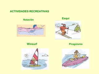 ACTIVIDADES RECREATIVAS
Natación

Winsurf

Esquí

Piragüismo

 