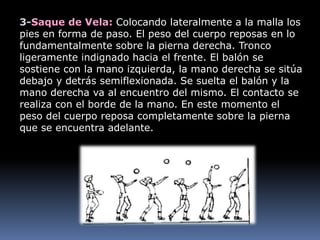 3-Saque de Vela: Colocando lateralmente a la malla los
pies en forma de paso. El peso del cuerpo reposas en lo
fundamentalmente sobre la pierna derecha. Tronco
ligeramente indignado hacia el frente. El balón se
sostiene con la mano izquierda, la mano derecha se sitúa
debajo y detrás semiflexionada. Se suelta el balón y la
mano derecha va al encuentro del mismo. El contacto se
realiza con el borde de la mano. En este momento el
peso del cuerpo reposa completamente sobre la pierna
que se encuentra adelante.
 